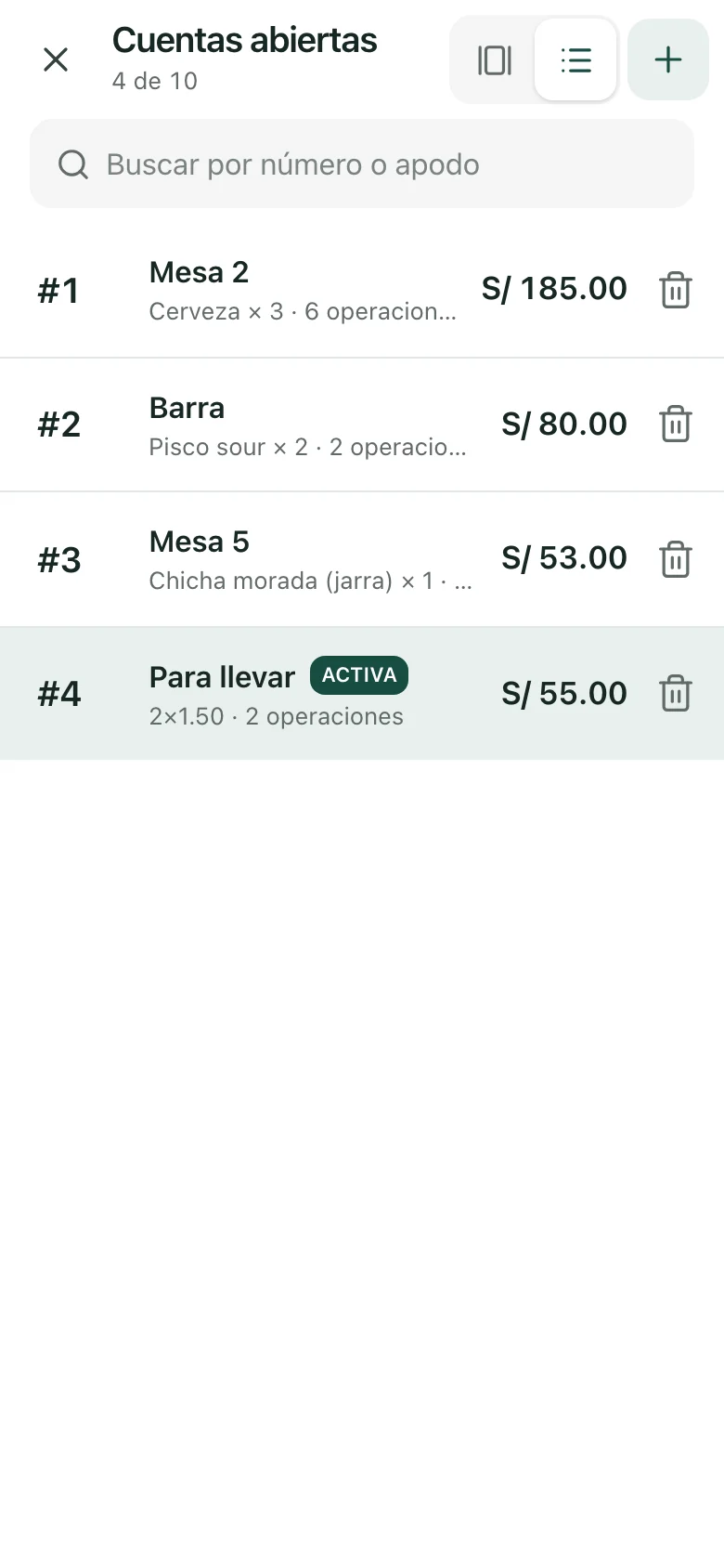 Lista de cuentas abiertas en el celular, con número, nombre, total y última operación.