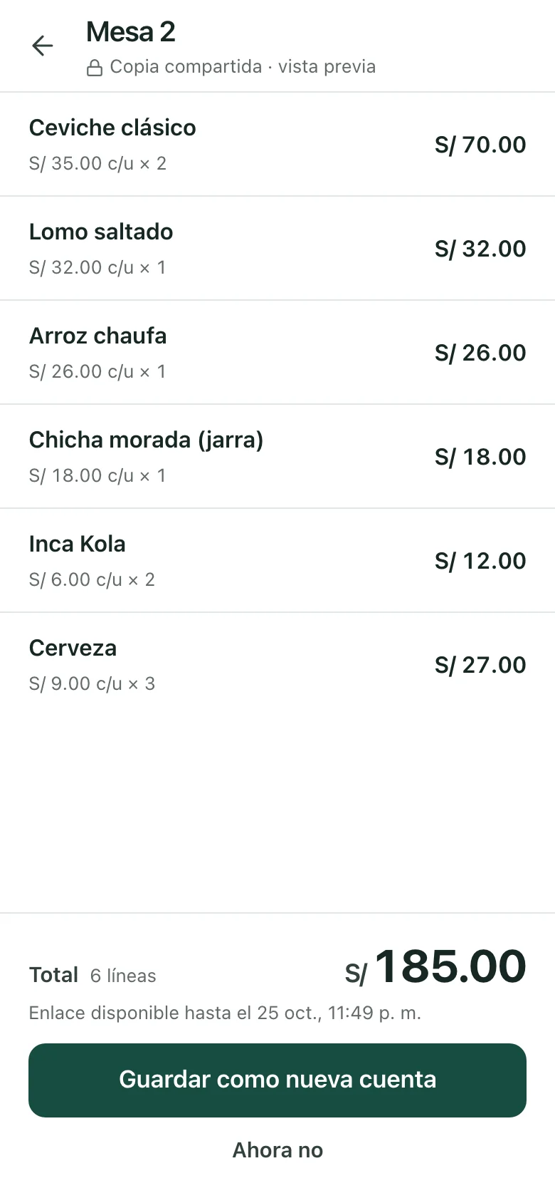 Copia compartida de la cuenta Mesa 2, con el detalle, el total y el botón Guardar como nueva cuenta.