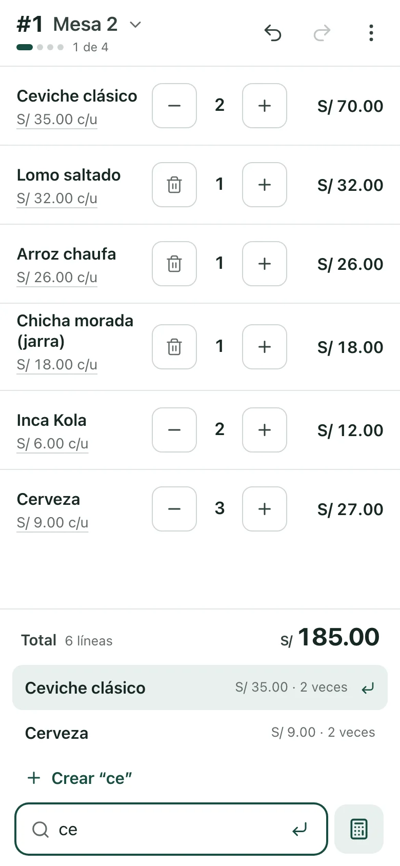 Al escribir “ce”, CuentaPe sugiere Ceviche clásico, Cerveza y otros nombres con su último precio.