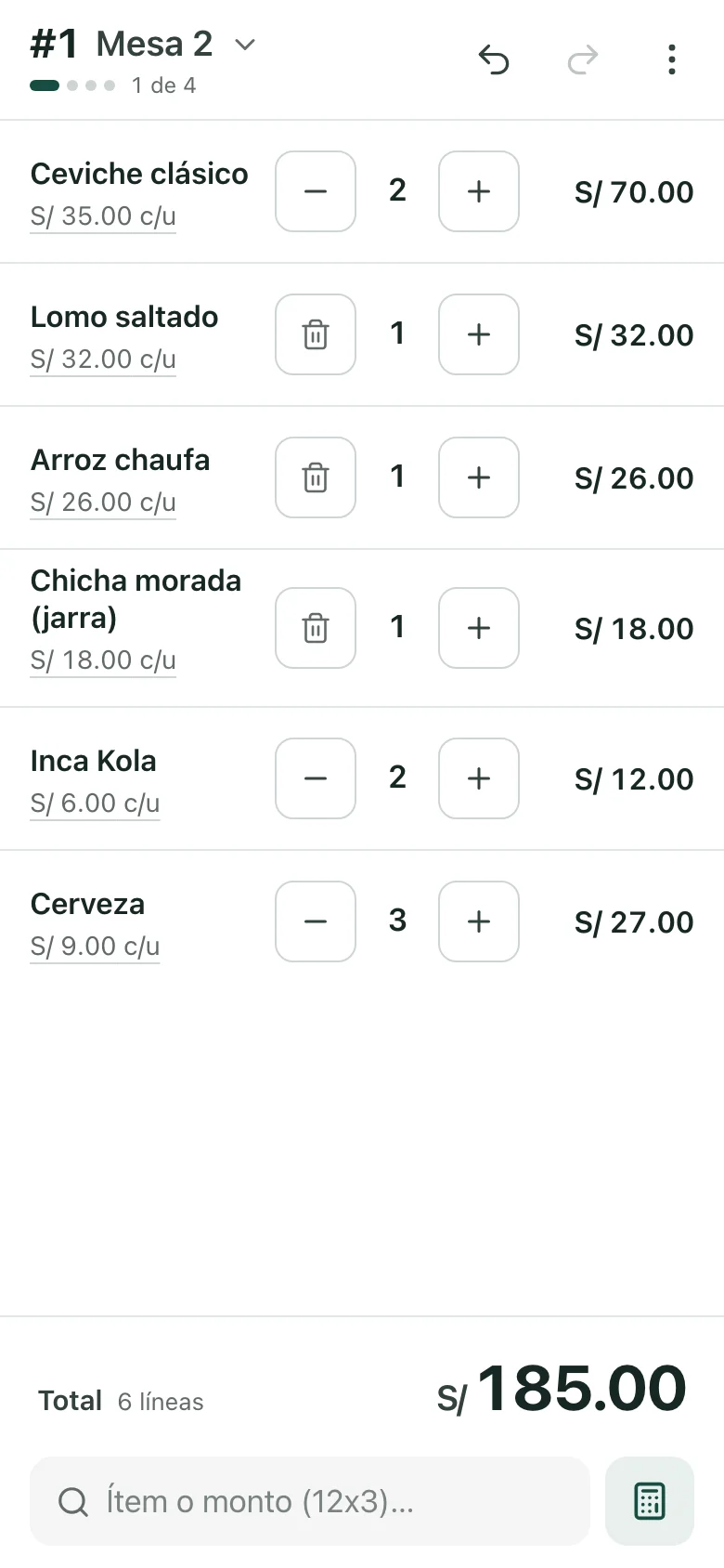 CuentaPe en un celular: la cuenta Mesa 2 con cantidades, precios y el total siempre visible.