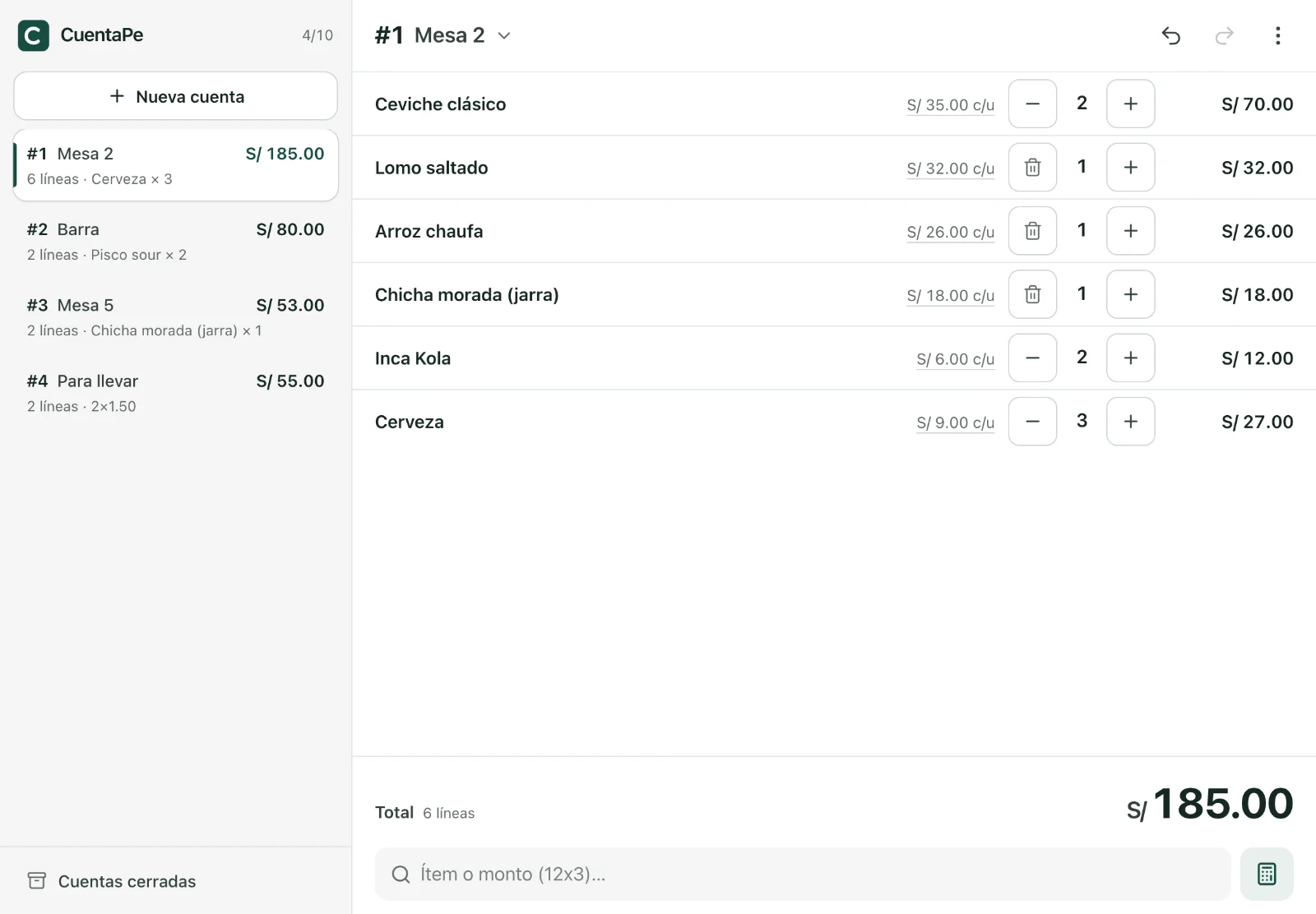 CuentaPe en una tablet: a la izquierda las cuentas abiertas con sus totales; a la derecha la cuenta Mesa 2 con sus consumos y el total S/ 185.00.